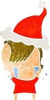 Retro-Karikatur eines weinenden Mädchens mit Weihnachtsmütze vektor