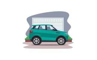 tecknad serie sUV bil i främre av garage vektor illustration