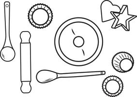 sked, rullande stift, muffin liners, kex tillverkare. vektor illustration
