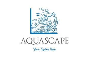 fisk tank med sten korall trä och alger för akvarium aquascape logotyp design vektor