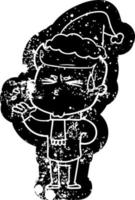 tecknad nödställd ikon av en man som svettas bär tomtehatt vektor
