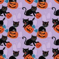 halloween-kürbis und schwarze katze nahtloses muster. vektor