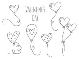 satz niedlicher handgezeichneter gekritzelelemente über die liebe. Nachrichtenaufkleber für Apps. symbole für valentinstag, romantische veranstaltungen und hochzeit. Ballons in Form von Herzen fliegen. vektor