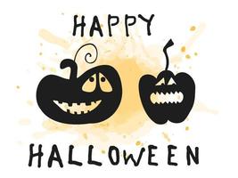 halloween 2022 - 31. oktober. ein traditioneller feiertag. Süßes oder Saures. vektorillustration im handgezeichneten gekritzelstil. Reihe von Silhouetten von Kürbissen mit geschnitzten Gesichtern mit einem orangefarbenen Aquarellfleck. vektor