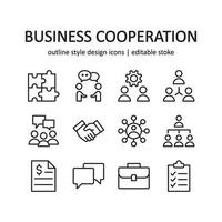 Reihe von Vektorsymbolen für die Zusammenarbeit von Unternehmen. enthält Symbole wie Beziehung, Partnerschaft, Strategie und mehr. geeignet für website-design, vorlage und ui. Linienstil-Design. editierbarer Strich. vektor