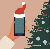 ny år eller jul. smartphone eller läsplatta, Plats för text. jul dekorationer . vektor illustration.