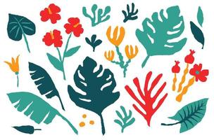 botanisk uppsättning av färgrik tropisk löv och blomma. samtida samling av hand dragen djungel växter handflatan blad, banan blad, hibiskus. vektor illustration
