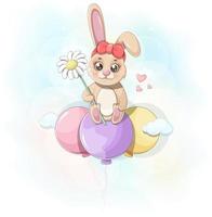 süßer Cartoon-Hase mit einer Blume fliegt auf Luftballons vektor