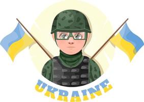 militär kille med de ukrainska flagga och de inskrift ukraina vektor