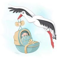 freundlicher storch trägt einen süßen neugeborenen jungen vektor
