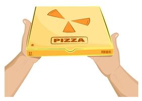 mannens händer håll en stängd låda med pizza. italiensk kök. Hem leverans mat. tecknad serie vektor på vit bakgrund