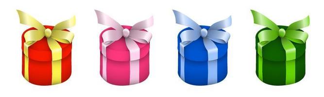 runde weihnachtsgeschenkboxen mit mehrfarbigen seidenschleifen an der spitze. Geschenke und Überraschungen für das neue Jahr 2021 und Geburtstag. leicht editierbare Farbe. Vektor