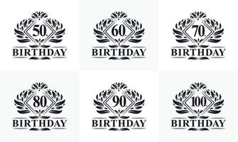 vintage retro födelsedag logotyp set. lyxigt paket med gyllene födelsedaglogotyp. Logotyppaket för 50:e, 60:e, 70:e, 80:e, 90:e, 100:e grattis på födelsedagen. vektor