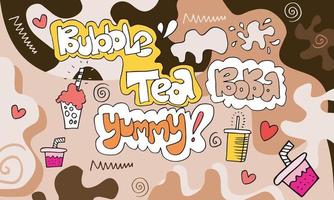 Bubble Milk Tea Sonderaktionen Design, Boba Milk Tea, Pearl Milk Tea, leckere Getränke, Kaffee und alkoholfreie Getränke mit Logo und Doodle-Style-Werbebanner. Vektor-Illustration. vektor