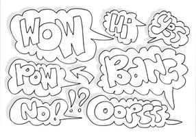 uppsättning samling av komisk stil explosion text känslor hej, pow, wow, ja, nej, oj och bang.tecknad film klotter illustration på vit bakgrund. vektor