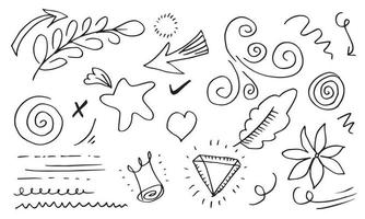 hand dragen uppsättning element, svart på vit background.circle, blad, blomma, pil, stjärna, check markera, hjärta, ljus, kung, betoning, virvla, för begrepp design. vektor