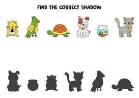 Finden Sie die richtigen Schatten von Cartoon-Haustieren. logisches Puzzle für Kinder. vektor