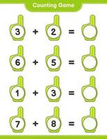 Zähle und kombiniere, zähle die Anzahl der Schaumfinger und vergleiche sie mit den richtigen Zahlen. pädagogisches kinderspiel, druckbares arbeitsblatt, vektorillustration vektor