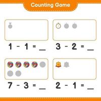 räkna och matcha, räkna antalet stoppur, trofé, volleyboll och matcha med rätt siffror. pedagogiskt barnspel, utskrivbart kalkylblad, vektorillustration vektor