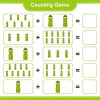 Zähle und kombiniere, zähle die Anzahl der Sportwasserflaschen und vergleiche sie mit den richtigen Zahlen. pädagogisches kinderspiel, druckbares arbeitsblatt, vektorillustration vektor