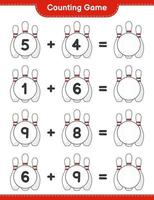 räkna och matcha, räkna antalet bowlingpinnar och matcha med rätt siffror. pedagogiskt barnspel, utskrivbart kalkylblad, vektorillustration vektor