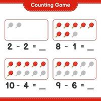 Zähle und kombiniere, zähle die Anzahl der Tischtennisschläger und vergleiche sie mit den richtigen Zahlen. pädagogisches kinderspiel, druckbares arbeitsblatt, vektorillustration vektor