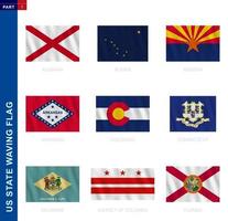 us-staaten winken flaggensammlung im offiziellen verhältnis, neun vektorflaggen. vektor