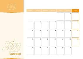 horisontell planerare för september 2023 i de orange Färg schema. de vecka börjar på måndag. en vägg kalender i en minimalistisk stil. vektor