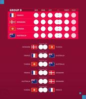 fotboll kopp 2022, grupp d match schema. flaggor av Frankrike, Danmark, tunisien, Australien. vektor