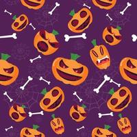 sömlös mönster av halloween pumpor med ben och spindelväv på lila bakgrund , tecknad serie spöke rolig ansikten. orange pumpa med leende i höst holidays.vector illustration eps10 vektor