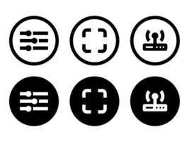 Einstellungen, Vollbild und Verbindungsstationssymbol in modernen Stilsymbolen befinden sich auf weißem und schwarzem Hintergrund. Das Paket hat sechs Symbole. vektor