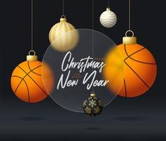 basketboll jul försäljning baner eller hälsning kort. glad jul och Lycklig ny år sport baner med glasmorfism eller glasmorfism fläck effekt. realistisk vektor illustration