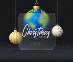 Planet Erde Weihnachtsverkauf Banner oder Grußkarte. frohe weihnachten und ein frohes neues jahr sportbanner mit glasmorphismus oder glasmorphismus-unschärfeeffekt. realistische vektorillustration vektor