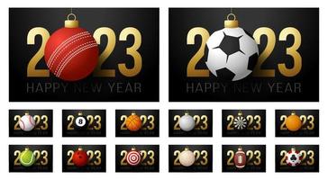 2023 ny år och jul sport baner uppsättning. samling av jul hälsning kort med realistisk sport boll som en xmas boll på svart bakgrund med siffra 2023. vektor illustration uppsättning