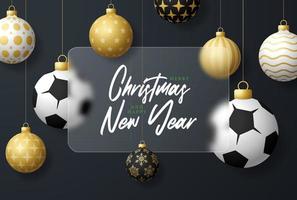 fotboll eller fotboll jul försäljning baner eller hälsning kort. glad jul och Lycklig ny år sport baner med glasmorfism eller glasmorfism fläck effekt. realistisk vektor illustration