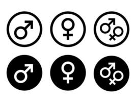 kön symbol. kvinna och manlig ikon i modern stil ikoner är belägen på vit och svart bakgrunder. de packa har sex ikoner. vektor