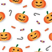 halloween-feiertagsnahtloses muster, orange halloween-kürbis oder jack o'laterne und süßigkeit auf weißem hintergrund vektor