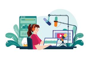 kvinna redigering podcast på de studio illustration begrepp. platt illustration isolerat på vit bakgrund vektor