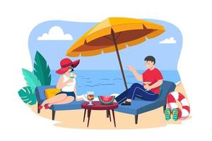 man och kvinna liggande på strand vardagsrum och dricka cocktail vektor