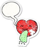tecknad serie kärlek sjuk hjärta och Tal bubbla bedrövad klistermärke vektor