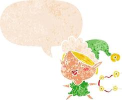 Cartoon Happy Christmas Elf und Sprechblase im strukturierten Retro-Stil vektor