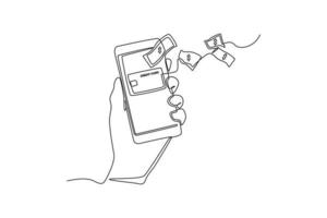 einzelnes einzeiliges zeichnungs-smartphone mit kreditkartenzahlung in dollar. Konzept der Finanztechnologie. ununterbrochene Linie zeichnen grafische Vektorillustration des Designs. vektor