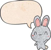 niedliches Cartoon-Kaninchen winkt und Sprechblase im Retro-Textur-Stil vektor