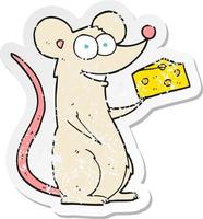 retro nödställd klistermärke av en tecknad mus med ost vektor