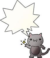 Cartoon-Katze kratzt und Sprechblase in glattem Farbverlauf vektor