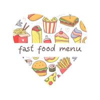 Herzform mit Fast-Food- und Fast-Food-Menütext. Vektor isolierte Junk-Food-Clipart-Illustration.