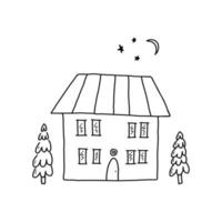 Ein einfaches Haus mit Fenstern, Sternen und Mond am Himmel. vektorillustration im stil von gekritzeln vektor