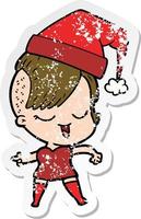 beunruhigter Aufkleber eines fröhlichen Cartoon-Mädchens mit Weihnachtsmütze vektor