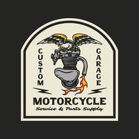 hand dragen årgång stil av maskot motorcykel och garage logotyp bricka vektor