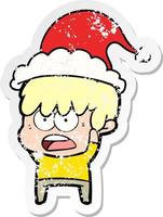 besorgter beunruhigter Aufkleber-Cartoon eines Jungen mit Weihnachtsmütze vektor